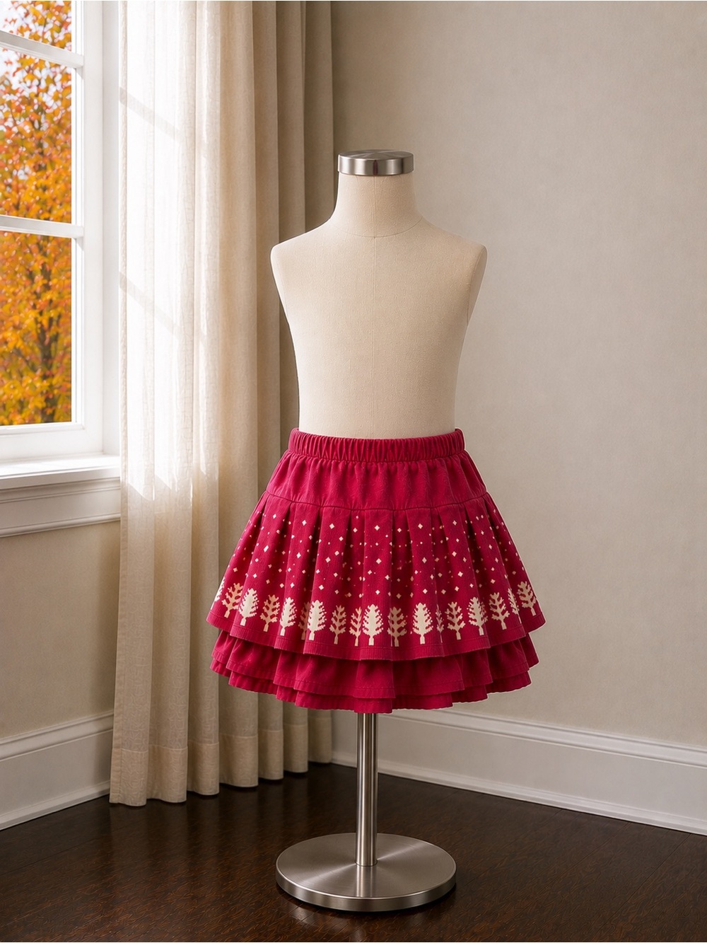Girls Magenta Tiered Skirt with Cream Tree Trim